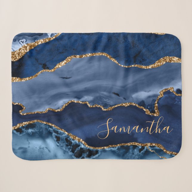 Navy Blue und Imitate Gold Glitzer Marble Agate  Sherpadecke (Vorderseite (Horizontal))