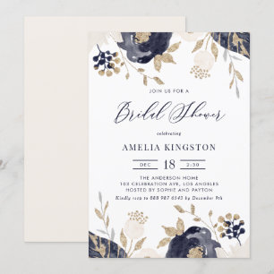 Navy Blue und Ivory Blume Gold Brautparty Einladung