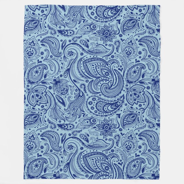 Navy Blue und Light Blue Floral Paisley Fleecedecke (Vorderseite)