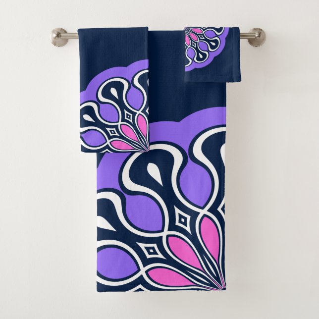 Navy Blue und Lila Abstraktes Mandala Badhandtuch Set (Insitu)