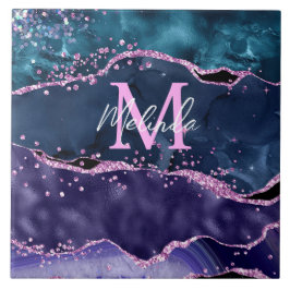 Navy Blue und Lila Glitzer Ocean Agate Fliese