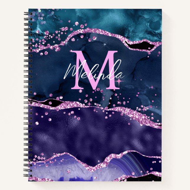 Navy Blue und Lila Glitzer Ocean Agate Notizbuch (Vorderseite)