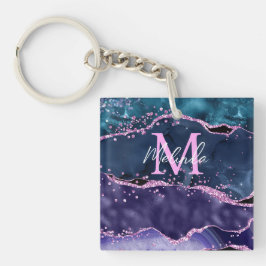 Navy Blue und Lila Glitzer Ocean Agate Schlüsselanhänger
