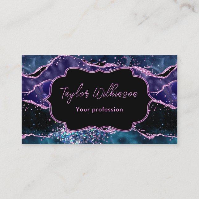 Navy Blue und Lila Glitzer Ocean Agate Visitenkarte (Vorderseite)