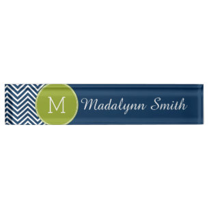 Navy Blue und Lime Green Chevrons Custom Monogram Namensplakette