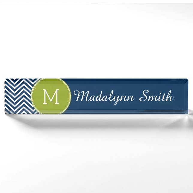Navy Blue und Lime Green Chevrons Custom Monogram Namensplakette (Vorderseite)