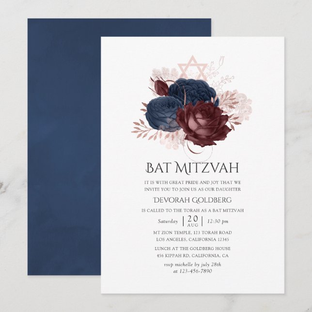 Navy Blue und Maroon Floral Bat Mitzvah Einladung (Vorne/Hinten)