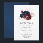 Navy Blue und Maroon Floral Bat Mitzvah Einladung<br><div class="desc">Navy Blau,  Maron und Rose Gold Vintage Fledermaus Mitzvah Einladung mit Akzenten von rot rosa.</div>