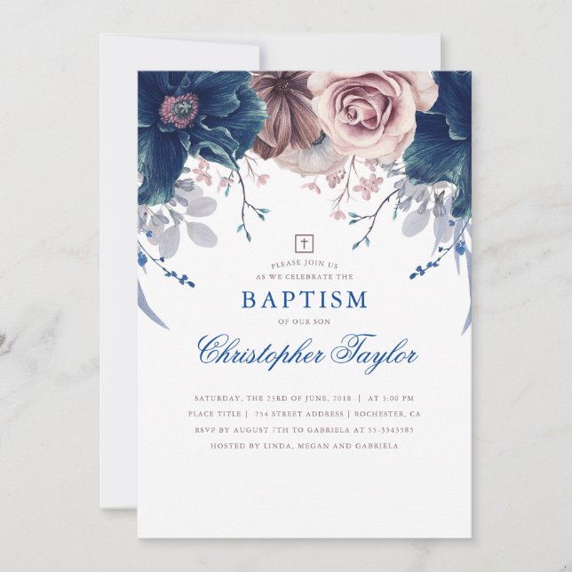 Navy Blue und Mauve Floral Elegant Taufe Einladung (Vorderseite)