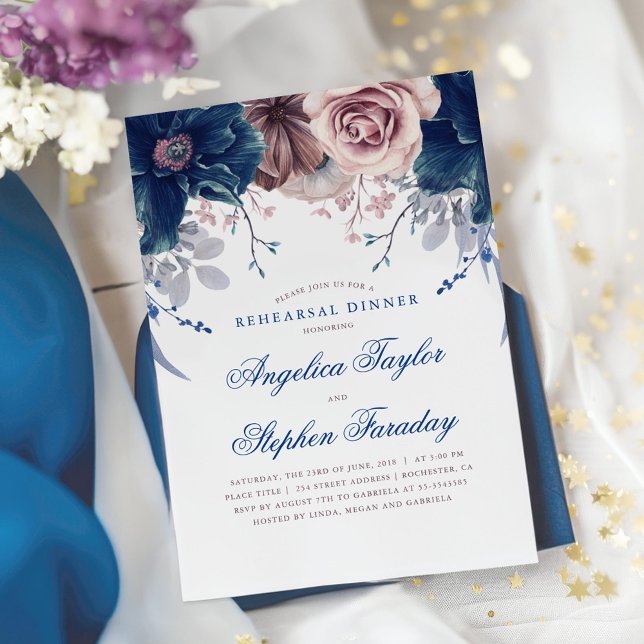 Navy Blue und Mauve Floral Probe Dinner Einladung (Navy Blue and Mauve Rehearsal Dinner Invitation)