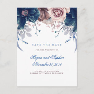 Navy Blue und Mauve Floral Save the Date Ankündigungspostkarte