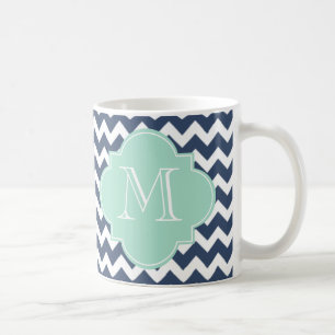 Navy Blue und Minze Green Zickzack Custom Monogram Kaffeetasse