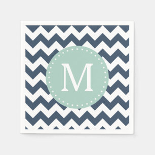 Navy Blue und Minze Green Zickzack Custom Monogram Serviette