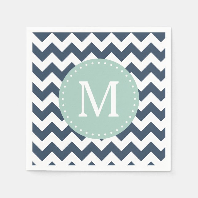Navy Blue und Minze Green Zickzack Custom Monogram Serviette (Vorderseite)