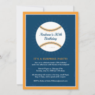 Navy Blue und Orange Baseball 30. Geburtstag Party Einladung