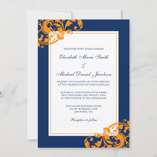 Navy Blue und Orange Blühend Wirbel Hochzeiten Einladung (Vorderseite)