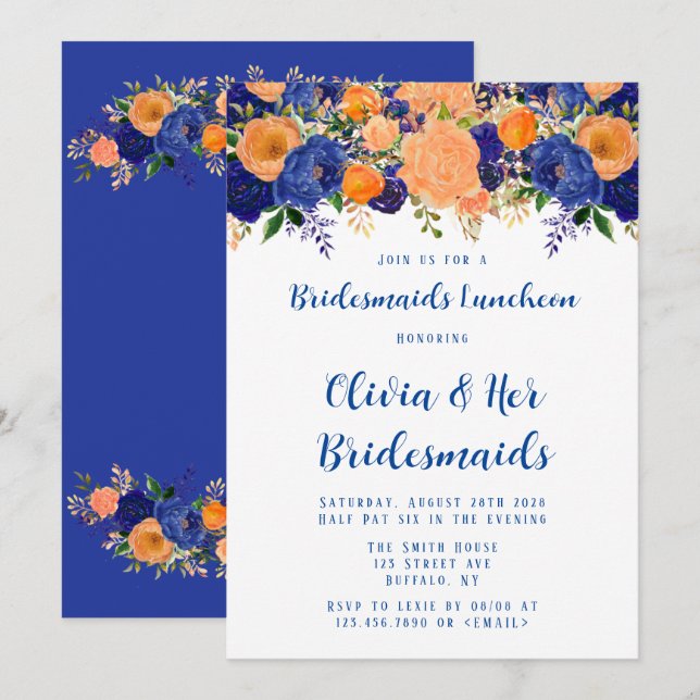 Navy Blue und Orange Floral Bridesmaids Luncheon Einladung (Vorne/Hinten)