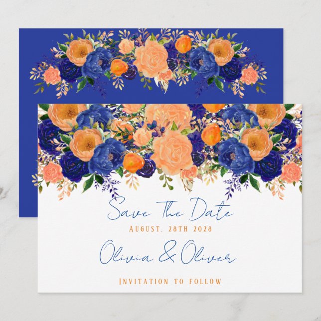 Navy Blue und Orange Floral Save the Date Einladung (Vorne/Hinten)