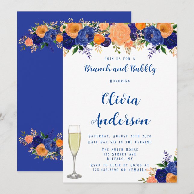 Navy Blue und Orange Florals Brunch und Bubbly Einladung (Vorne/Hinten)