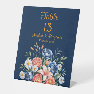 Navy Blue und Orange Peony Blume Tischnummer Sockelschild