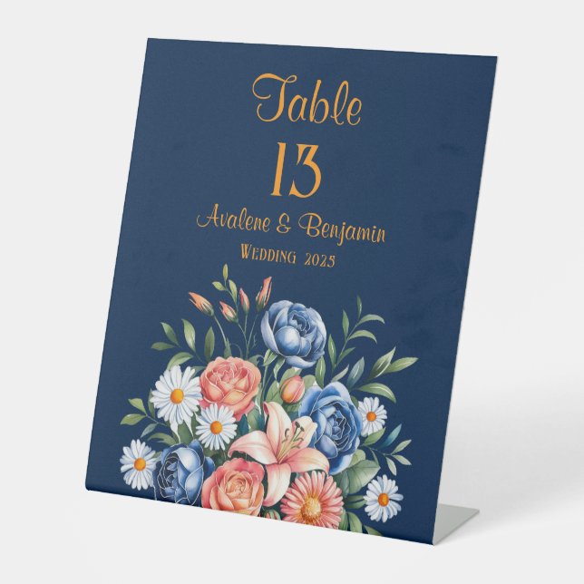Navy Blue und Orange Peony Blume Tischnummer Sockelschild (Vorderseite)