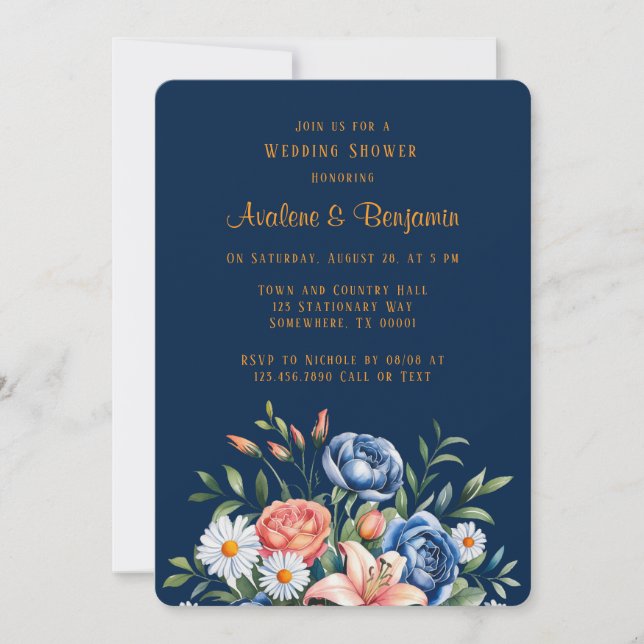 Navy Blue und Orange Peony Polterabend Einladung (Vorderseite)