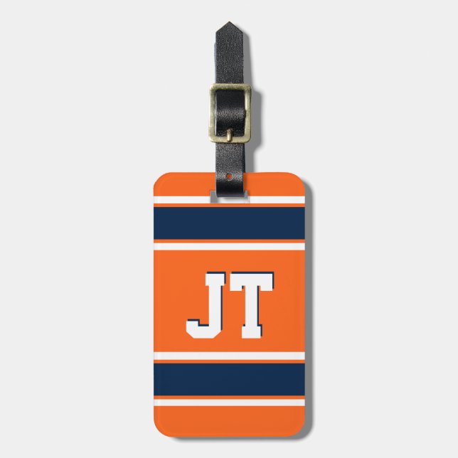 Navy Blue und Orange Sports Stripes Personalisiert Gepäckanhänger (Vorderseite vertikal)