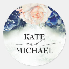 Navy Blue und Peach Blume Elegant Moderne Runder Aufkleber