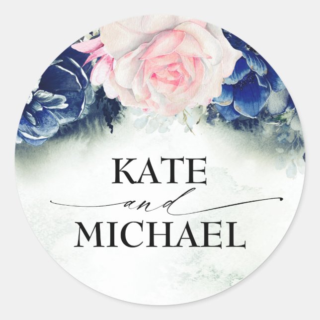 Navy Blue und Pink Blume Elegant Moderne Runder Aufkleber (Vorderseite)