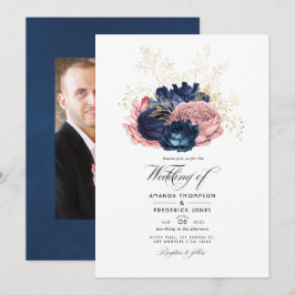 Navy Blue und Pink Vintage Rose Hochzeit Foto Einladung