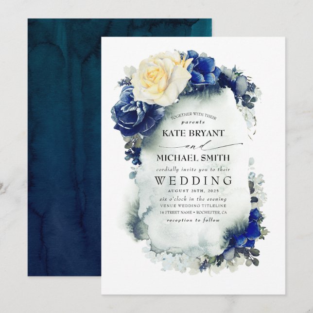 Navy Blue und Primrose Yellow Floral Boho Hochzeit Einladung (Vorne/Hinten)
