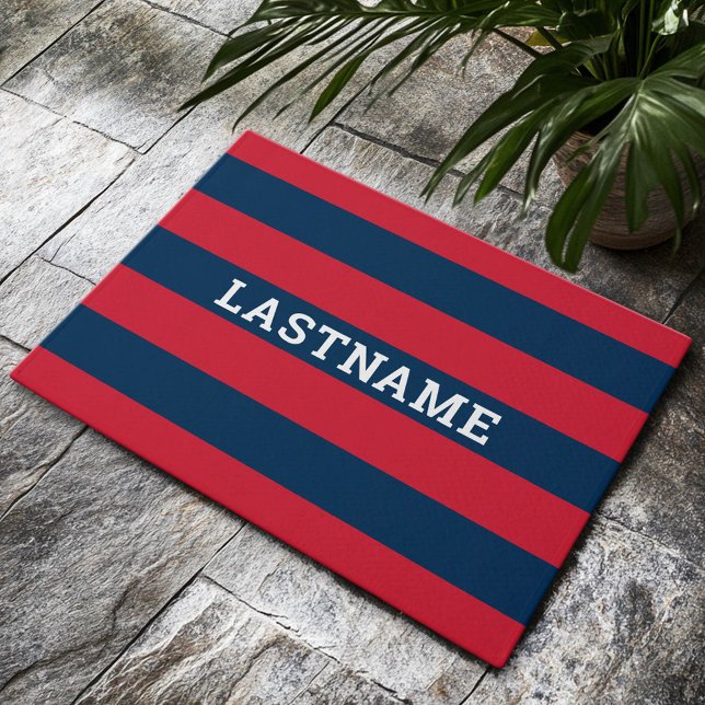 Navy Blue und Red Rugby Stripes mit Individuelle N Fußmatte (Custom Welcome Mat)