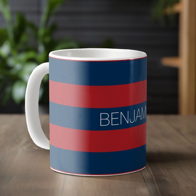 Navy Blue und Red Rugby Stripes mit Individuelle N Kaffeetasse (Custom Monogram Mug)