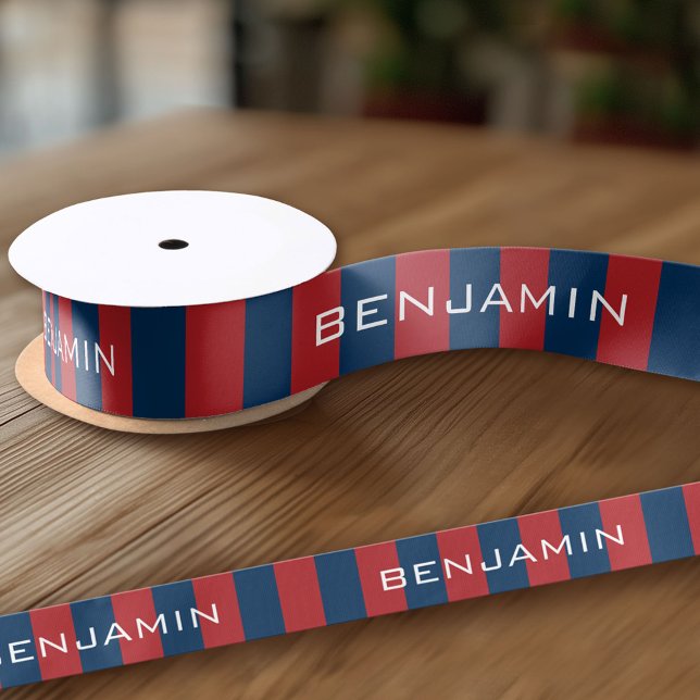 Navy Blue und Red Rugby Stripes mit Individuelle N Satinband (Custom Ribbon - add your personalized text)
