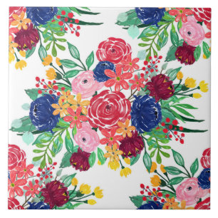Navy Blue und Red Water Color Boho schicke Blume Fliese