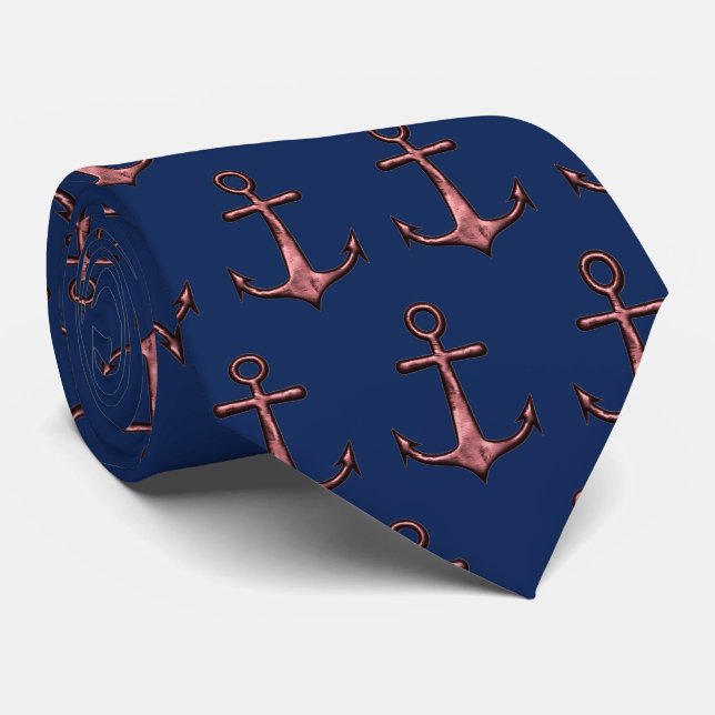 Navy Blue und Rose Gold Anker Nautic Krawatte (Gerollt)