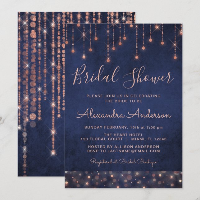 Navy Blue und Rose Gold Brautparty Einladung (Vorne/Hinten)
