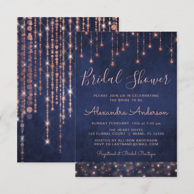 Navy Blue und Rose Gold Brautparty Einladung (Vorne/Hinten)