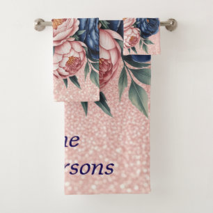 Navy Blue und Rose Gold Floral Badhandtuch Set
