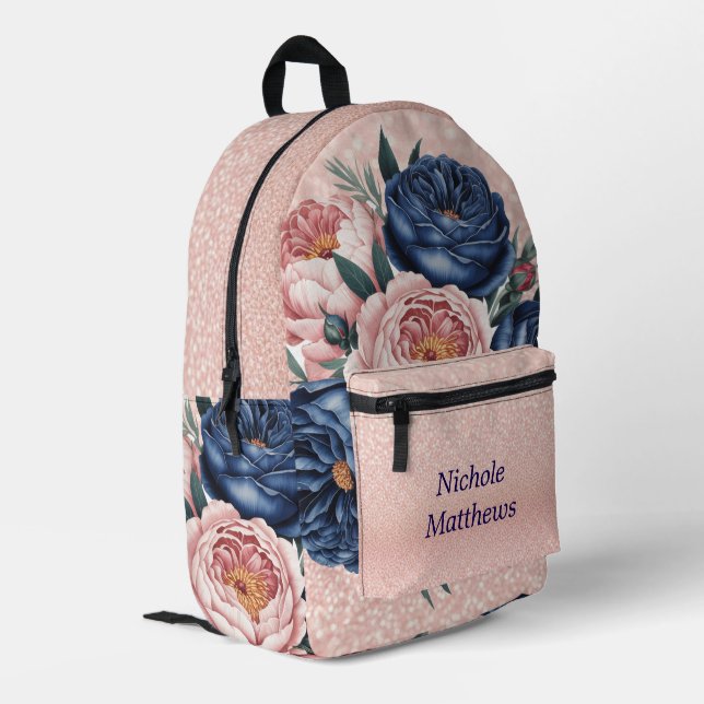 Navy Blue und Rose Gold Floral Bedruckter Rucksack (Rückseitige Ecke links)