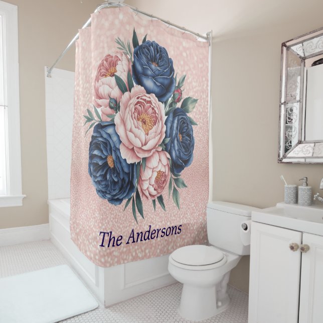 Navy Blue und Rose Gold Floral Duschvorhang (Beispiel)