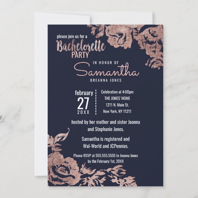 Navy Blue und Rose Gold Floral Junggeselinnen-Absc Einladung (Vorderseite)