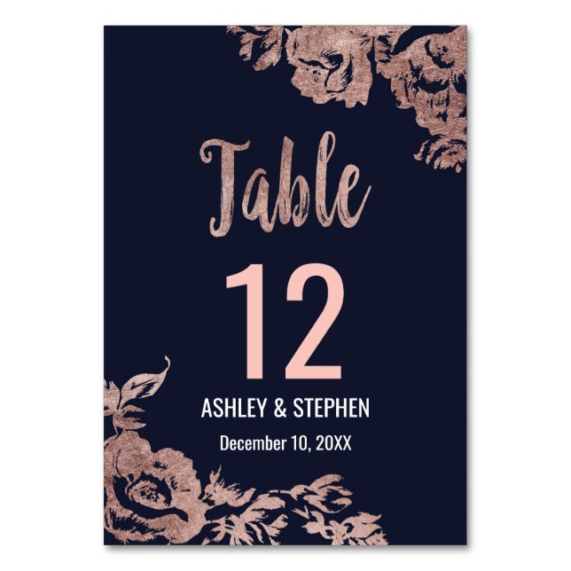 Navy Blue und Rose Gold Floral Tischnummern (Vorderseite)