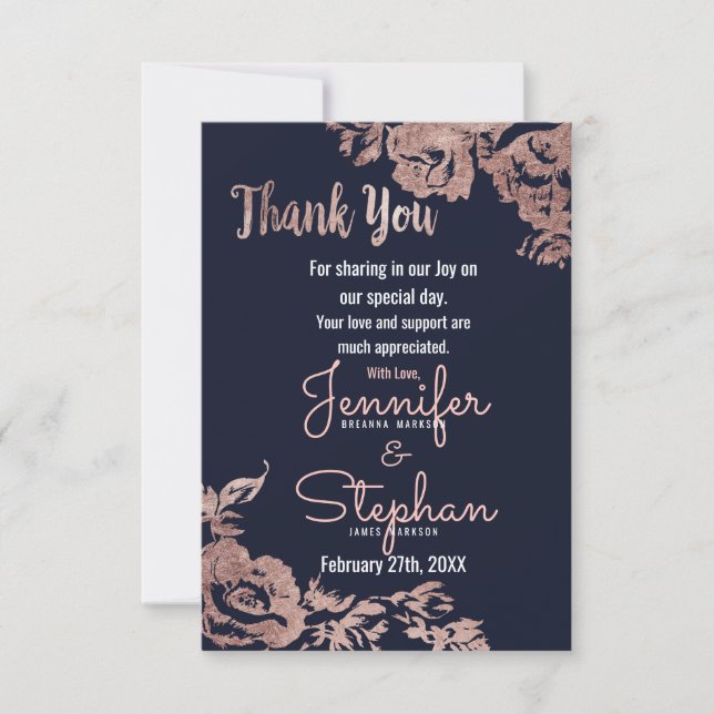 Navy Blue und Rose Gold Floral Vielen Dank Dankeskarte (Vorderseite)