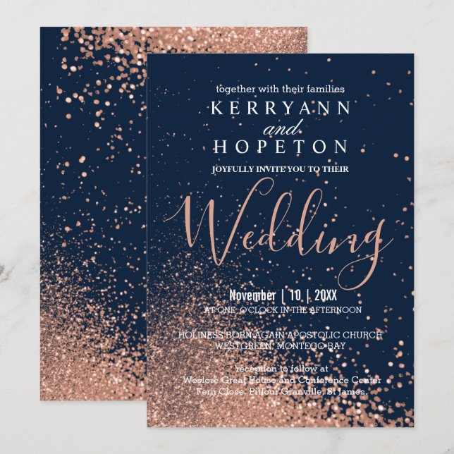 Navy Blue und Rose Gold Glitzer Einladung (Vorne/Hinten)
