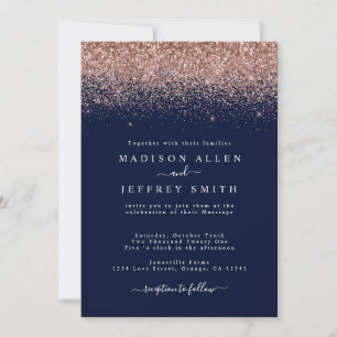 Navy Blue und Rose Gold Glitzer Hochzeit Einladung