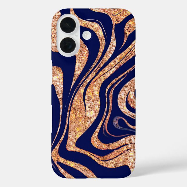 Navy Blue und Rose Gold Glitzer Zebra Monogram iPhone 16 Hülle (Rückseite)
