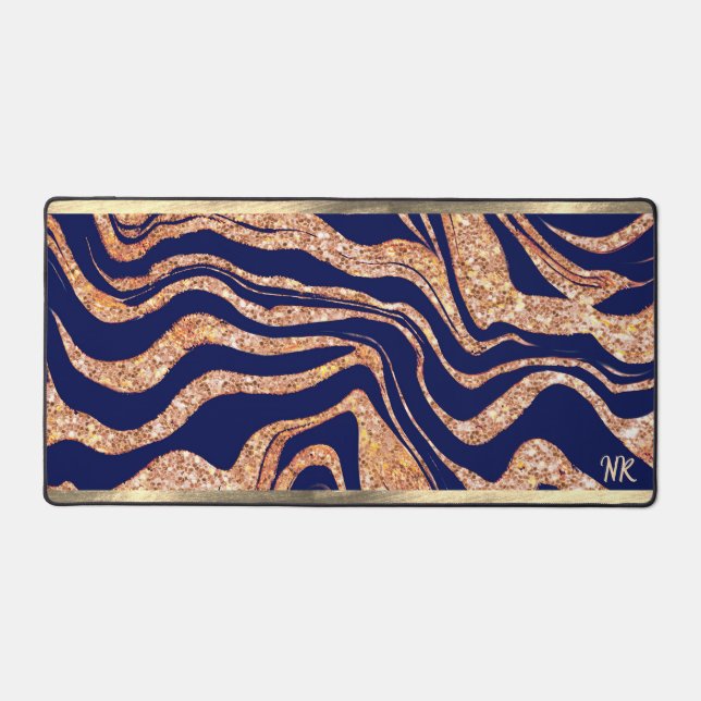 Navy Blue und Rose Gold Glitzer Zebra Monogram Schreibtischunterlage (Vorderseite)