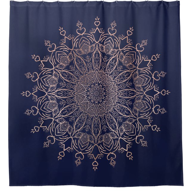 Navy Blue und Rose Gold Mandala Boho Duschvorhang (Vorderseite)