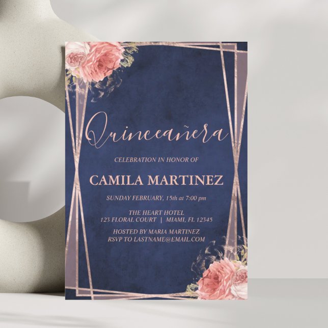 Navy Blue und Rose Gold Quinceanera Party Einladung (Von Creator hochgeladen)
